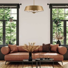 Luella Ø56 Laiton brossé suspension De Elstead Lighting - Versions : entièrement en laiton naturel brossé et chaud ou avec un abat-jour en métal élégant en noir.