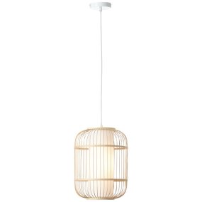 Bones Ø30 Bois suspension De Brilliant - L'abat-jour est recouvert d'un tissu blanc de haute qualité, offrant une douce diffusion lumineuse, tandis que les détails en bambou, un matériau renouvelable et respectueux de l'environnement, contribuent à une ambiance naturelle et chaleureuse.