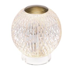 Marni 10cm Transparent portable De Elstead Lighting - Marni est une lampe de table élégante et rechargeable, au design décoratif alliant acier, finition laiton naturel et acrylique transparent à motifs.
