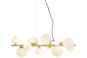 Molekyl 85cm Laiton mat suspension De Aneta Lighting - Plafonnier tendance de Molekyl en laiton mat avec 11 abat-jour en verre blanc de différentes tailles montés sur une tige de 85 cm de long.