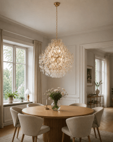 Palais Ø58 Or cristal De Lampan - Elle est orn&eacute;e de prismes givr&eacute;s qui cr&eacute;ent un jeu de lumi&egrave;re doux et onirique et cr&eacute;ent une atmosph&egrave;re exclusive dans la pi&egrave;ce.