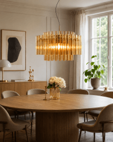 Lancaster Ø54 Laiton/ambre suspension De Lampan - La lumi&egrave;re est joliment filtr&eacute;e &agrave; travers le verre, cr&eacute;ant une douce lueur dor&eacute;e qui conf&egrave;re &agrave; la pi&egrave;ce une atmosph&egrave;re luxueuse et accueillante.