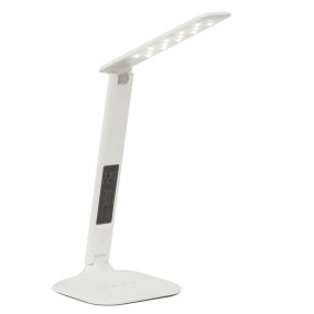 Glenn 55cm Blanc lampe de bureau De Brilliant - Elle est équipée d'un port USB pour la recharge et d'une horloge avec affichage de l'alarme, de la date et de la température.