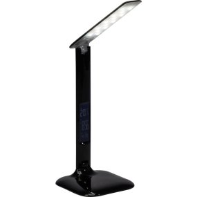 Glenn 55cm Noir lampe de bureau De Brilliant - Elle est équipée d'un port USB pour la recharge et d'une horloge avec alarme, date et affichage de la température.