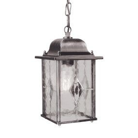 Wexford 16cm Argent De Elstead Lighting - Wexford est une lanterne suspendue d'extérieur classique en aluminium, avec une élégante finition argent foncé et des éléments décoratifs en verre imitant le vitrail.