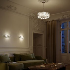 Puntes Ø52 Or cristal De Maytoni - Puntes est un &eacute;l&eacute;gant lustre de plafond en m&eacute;tal dor&eacute; avec des prismes scintillants qui entourent les sources lumineuses et cr&eacute;ent un jeu de lumi&egrave;re magique lorsque la lampe est allum&eacute;e.