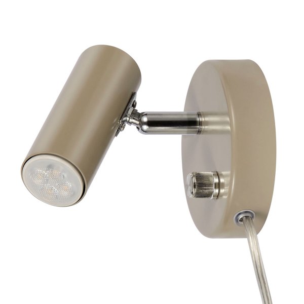 Mini Nougat lampe de lecture De Oriva - Elle est équipée d'un spot orientable et d'un interrupteur avec variateur intégré à la plaque murale, vous permettant de régler facilement la lumière pour un éclairage optimal.