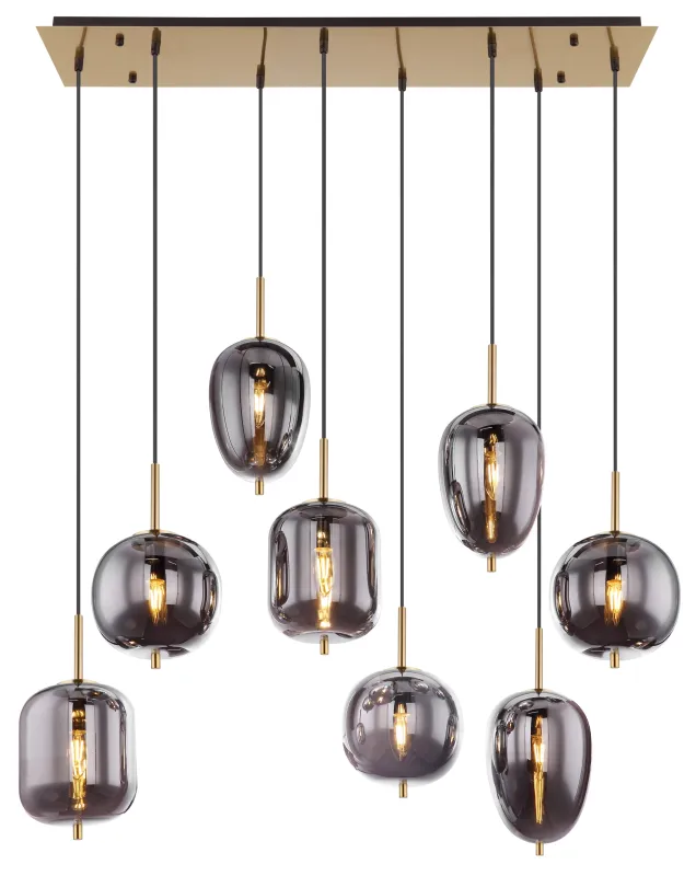 Blacky 102cm Laiton suspension De Globo Lighting - Den 102,5 cm l&aring;nga pendellampan har en rektangul&auml;r m&auml;ssingsf&auml;rgad metallplatta, fr&aring;n denna h&auml;nger &aring;tta svarta kablar med runda, r&ouml;kf&auml;rgade glasglober i olika former.