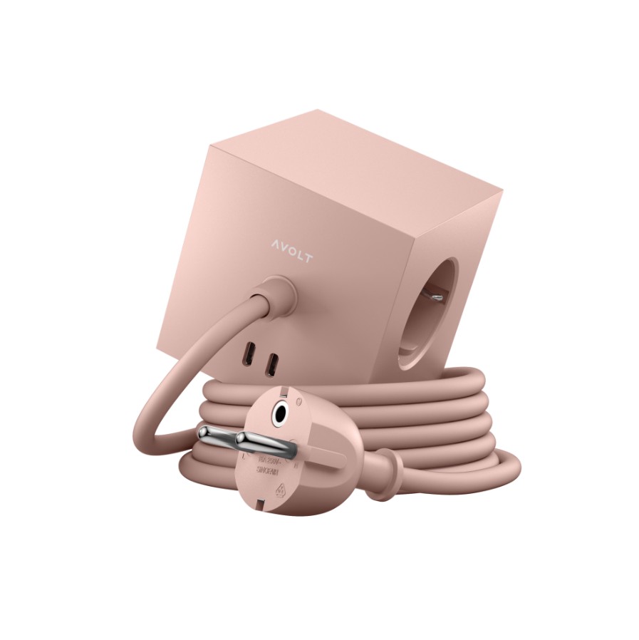 Square 1 with 30W Dual USBC & Magnetic base, 3m Rose De Avolt - Multiprise au design &eacute;l&eacute;gant d'Avolt avec un long c&acirc;ble en PVC, un cube en plastique recycl&eacute; et une plaque magn&eacute;tique sur le fond pour l'accrocher au mur.