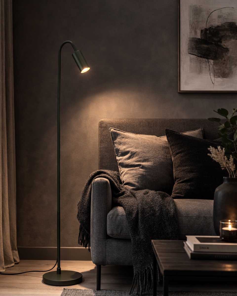 Curve vert foncé lampadaire De By Rydéns - Il est fourni avec un c&acirc;ble en plastique noir de 2,5 m de long, un interrupteur au pied et une prise secteur.