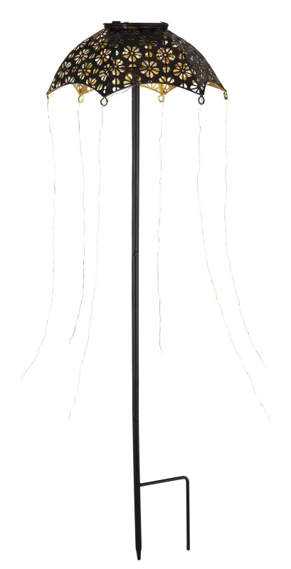Umbrella Noir lampe solaire De Globo Lighting - Skapa en magisk st&auml;mning i tr&auml;dg&aring;rden med Umbrella, en unik solcellsbelysning med vackert utskuret m&ouml;nster och h&auml;ngande ljusslingor.
