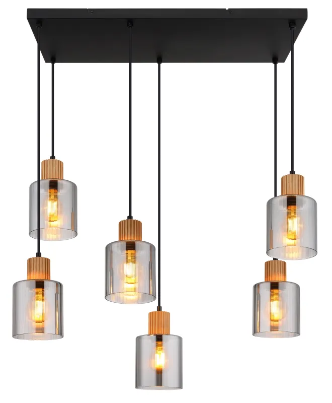 Aleidis 67cm Couleur fumée suspension De Globo Lighting - Sex dekorativa glaskupor med tr&auml;detaljer h&auml;nger fr&aring;n en mattsvart metallstomme, vilket skapar en harmonisk balans mellan modern och rustik estetik.