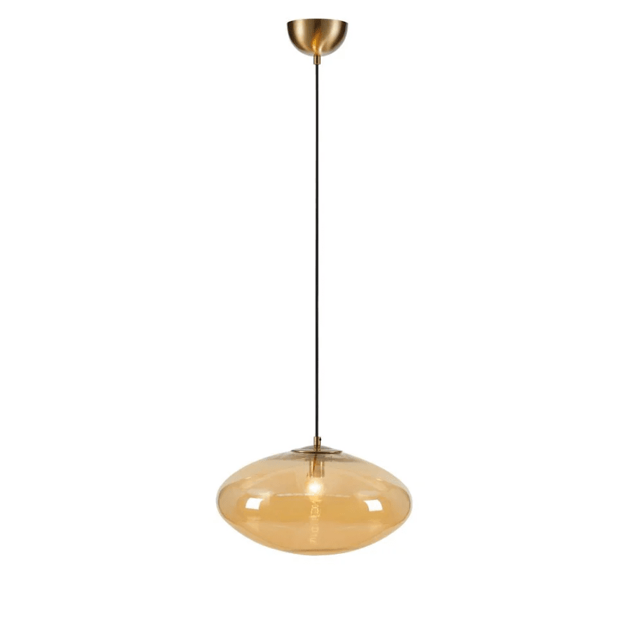 Locus Ø38 Ambre suspension De Markslöjd - La suspension Locus est orn&eacute;e de verre ovale souffl&eacute; bouche couleur ambre et de d&eacute;tails en laiton.