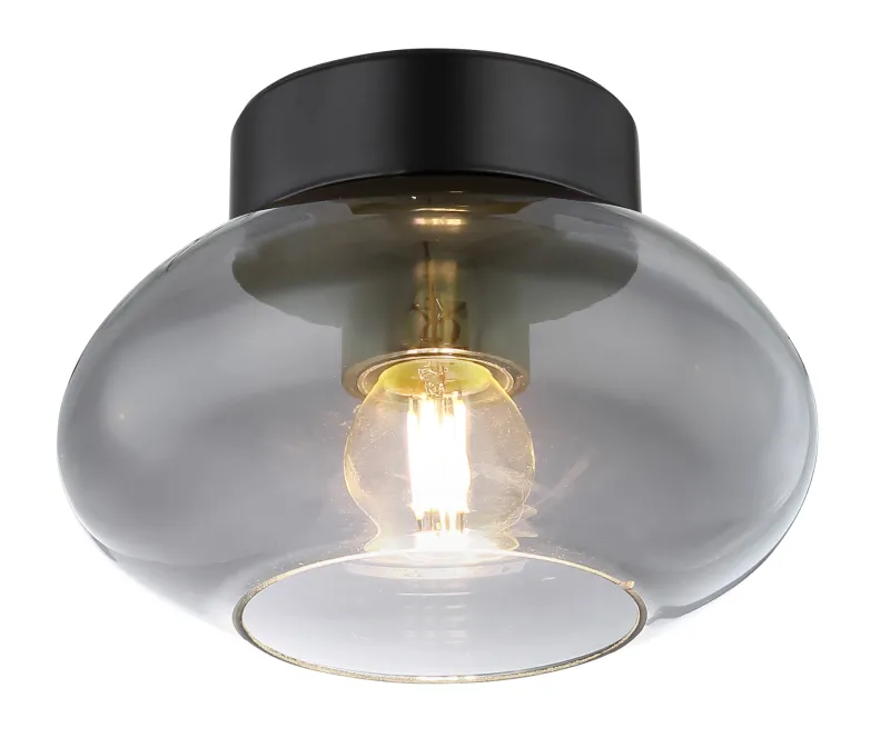 Shaun Ø18 Couleur fumée plafonnier De Globo Lighting - Lampan &auml;r tillverkad av mattsvart metall och &auml;r smyckad med en oval sk&auml;rm i r&ouml;kf&auml;rgat glas.
