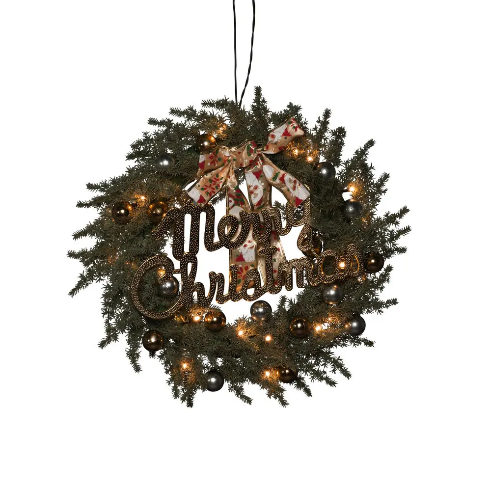 Grankrans Ø40 Vert De Konstsmide - Belle couronne de No&euml;l avec 25 lumi&egrave;res LED ambr&eacute;es, boules d&eacute;coratives, ruban et le texte "Joyeux No&euml;l".