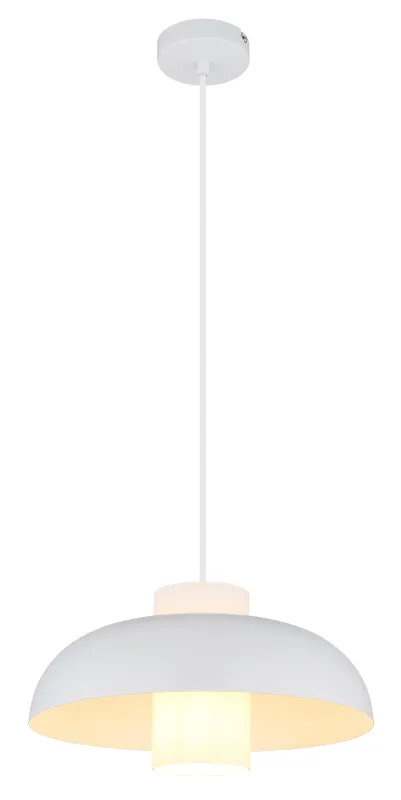 Lowe Ø38 Blanc suspension De Globo Lighting - Den runda sk&auml;rmen i mattvit metall ger ett elegant och tidl&ouml;st uttryck, medan den cylinderformade sk&auml;rmen i opalglas sprider ett mjukt och behagligt ljus.