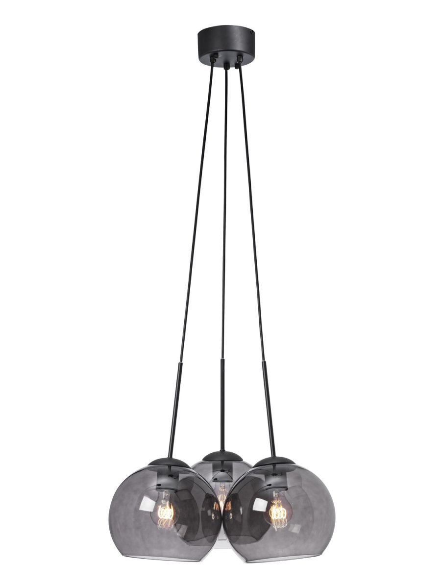 Salle Ø45 Couleur fumée suspension De Cottex - La lampe se compose de trois sph&egrave;res en verre de couleur fum&eacute;e, dont l'une est suspendue &agrave; un plafonnier noir, cr&eacute;ant une atmosph&egrave;re &eacute;l&eacute;gante et industrielle.