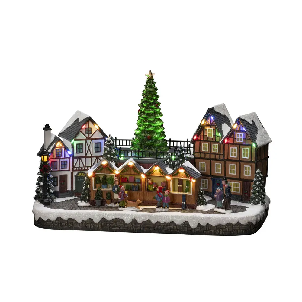 Décoration De Noël Mécanique Avec Marché De Noël 24cm Multicolore De Konstsmide - Avec 28 lumi&egrave;res LED blanc chaud, des maisons enneig&eacute;es, des &eacute;tals de march&eacute; color&eacute;s et un majestueux sapin de No&euml;l au centre, il diffuse &agrave; la fois lumi&egrave;re et musique.
