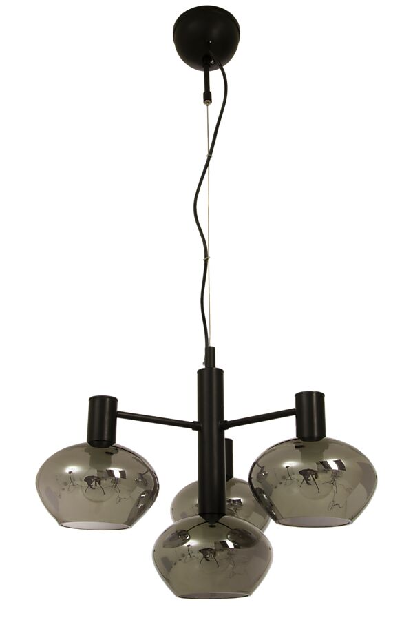 Bell Ø47 Couleur fumée suspension De Aneta Lighting - Avec ses trois abat-jour en verre fumé et sa suspension noire, une atmosphère luxueuse et élégante est créée.