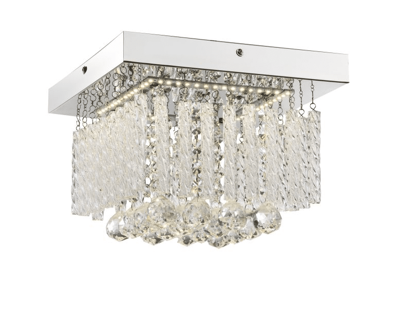 Mathilda 25cm Chrome plafonnier De Globo Lighting - Son design carr&eacute; associe une base chrom&eacute;e &agrave; de magnifiques tiges de verre suspendues et des cristaux scintillants, cr&eacute;ant une atmosph&egrave;re &eacute;l&eacute;gante et exclusive.