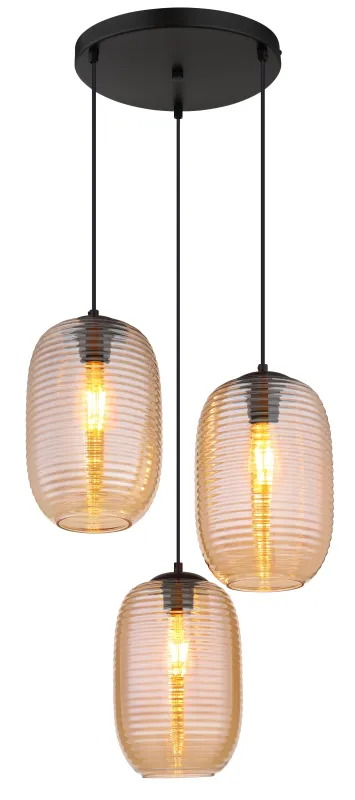 Jefrey Ø47 Ambre suspension De Globo Lighting - Denna eleganta taklampa har en rund form och &auml;r utrustad med tre rundade glaskupor i varm b&auml;rnstensf&auml;rg.