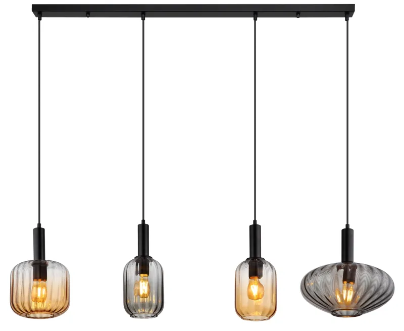 Valletta 127cm Noir suspension De Globo Lighting - &nbsp;Den mattsvarta metallstommen ger lampan en elegant och sofistikerad karakt&auml;r, medan de fyra h&auml;ngande glaskuporna i olika former och f&auml;rger &ndash; tv&aring; i varm b&auml;rnsten och tv&aring; i r&ouml;kf&auml;rgat glas &ndash; skapar en unik och levande ljusbild.