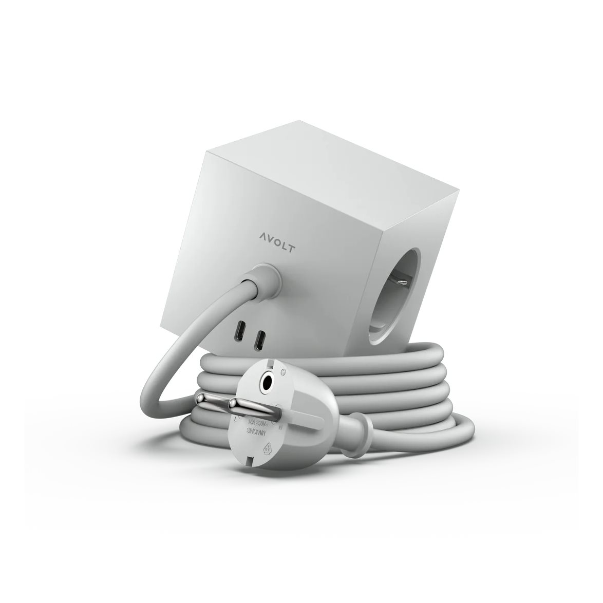 Square 1 with 30W Dual USBC & Magnetic base, 3m Gris De Avolt - Multiprise au design &eacute;l&eacute;gant d'Avolt avec un long c&acirc;ble en PVC, un cube en plastique recycl&eacute; et une plaque magn&eacute;tique sur le fond pour l'accrocher au mur.