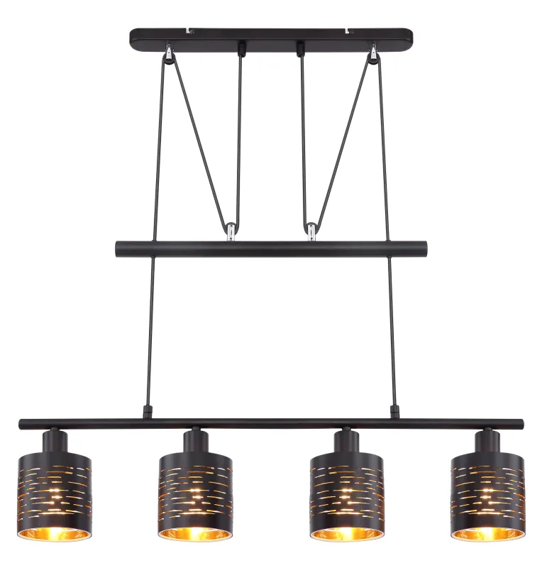 Tunno 70cm Noir suspension De Globo Lighting - Perfekt f&ouml;r k&ouml;k eller vardagsrum, d&auml;r dess dekorativa utsk&auml;rningar, form och guldf&auml;rgade insida skapar en varm och inbjudande atmosf&auml;r.