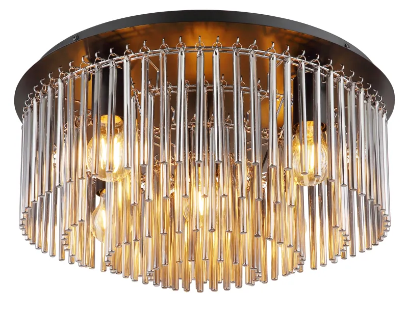 Gorley Ø50 Couleur fumée plafonnier De Globo Lighting - Dess design imponerar med en stilfull kombination av mattsvart metall, gl&auml;nsande krom och r&ouml;kf&auml;rgade glasstavar.
