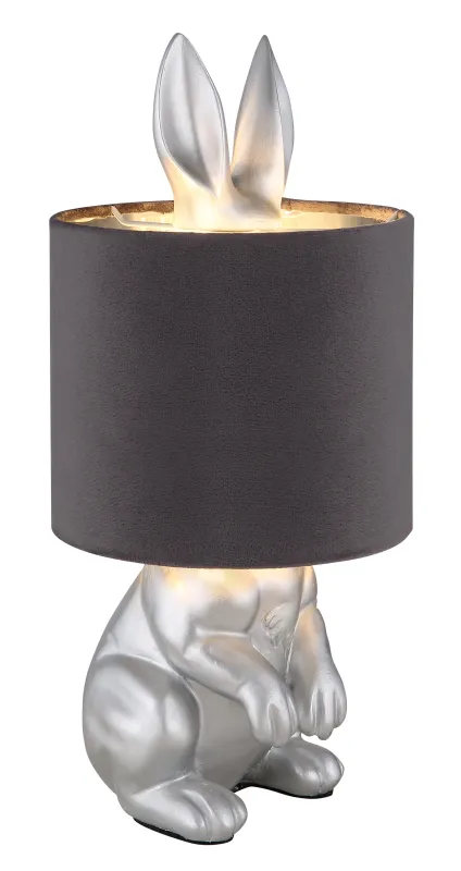 Rabbit 40cm Argent lampe de table De Globo Lighting - Med en silverf&auml;rgad kaninfigur som bas och en elegant gr&aring; sammetsk&auml;rm kombinerar den lekfull design med sofistikerad stil.