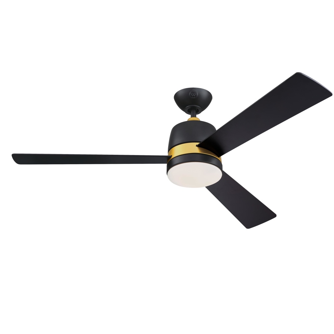 Tristan Ø132 Noir De Westinghouse - Le ventilateur de plafond Tristan avec éclairage à intensité variable, moteur à courant continu et télécommande présente un design bicolore élégant avec une finition noire mate et des accents dorés.