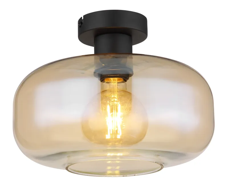 Giuseppe Ø28 Ambre plafonnier De Globo Lighting - Lampan &auml;r tillverkad av mattsvart metall och &auml;r smyckad med en vackert formad glaskupa i amberf&auml;rgat glas.