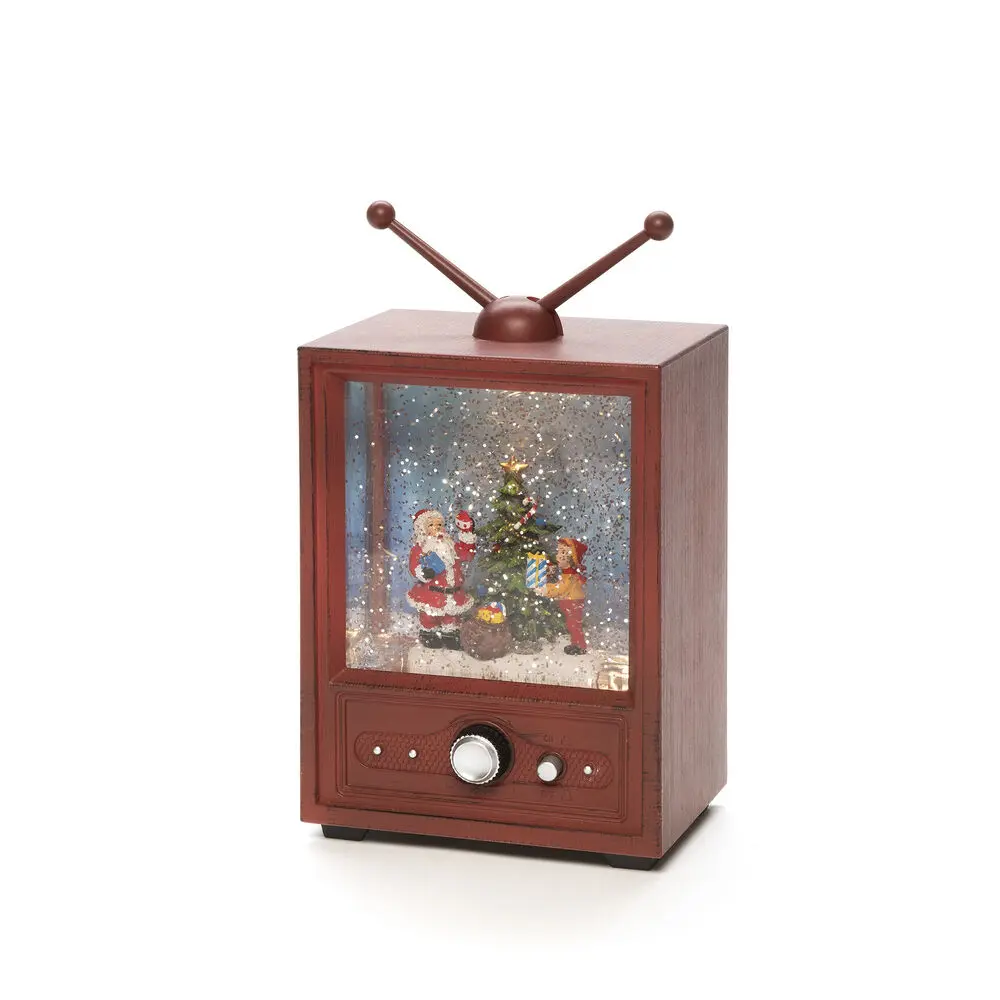 Lanterne Remplie D’eau En Forme De Télévision Brun De Konstsmide - Cette lanterne remplie d'eau en forme de t&eacute;l&eacute;vision r&eacute;tro montre une sc&egrave;ne atmosph&eacute;rique avec le P&egrave;re No&euml;l, un gar&ccedil;on et un sapin de No&euml;l d&eacute;cor&eacute;.