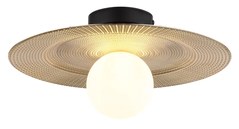 Riga Ø33 Or plafonnier De Globo Lighting - Lampan &auml;r tillverkad av mattsvart metall och den platta sk&auml;rmen i plast med nyanser av svart, guld och opal ger den en modern och sofistikerad design.