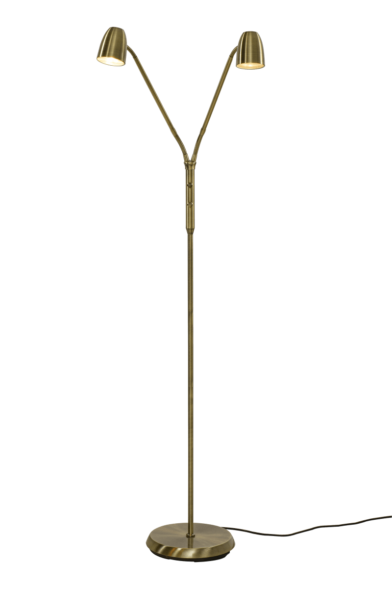 Sandnes 2 Laiton antique lampadaire De Aneta Lighting - Dot&eacute;e de deux bras flexibles, elle est parfaite comme lampe de lecture et dispose de deux interrupteurs d'alimentation s&eacute;par&eacute;s avec variateur int&eacute;gr&eacute;, permettant de r&eacute;gler la luminosit&eacute; selon les besoins.