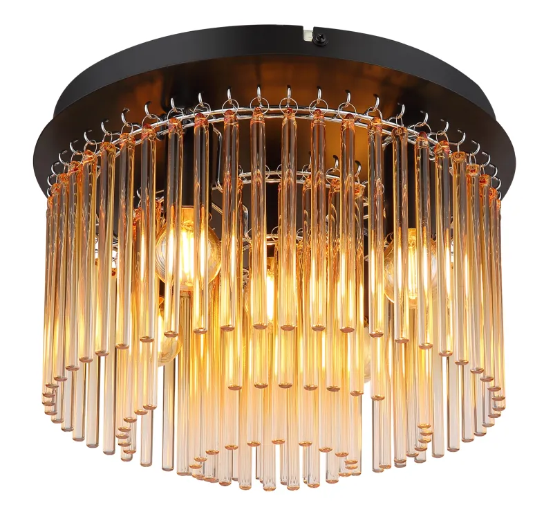 Gorley Ø32 Ambre plafonnier De Globo Lighting - Dess design imponerar med en stilfull kombination av mattsvart metall och dekorativa stavar i klart och amberf&auml;rgat glas.