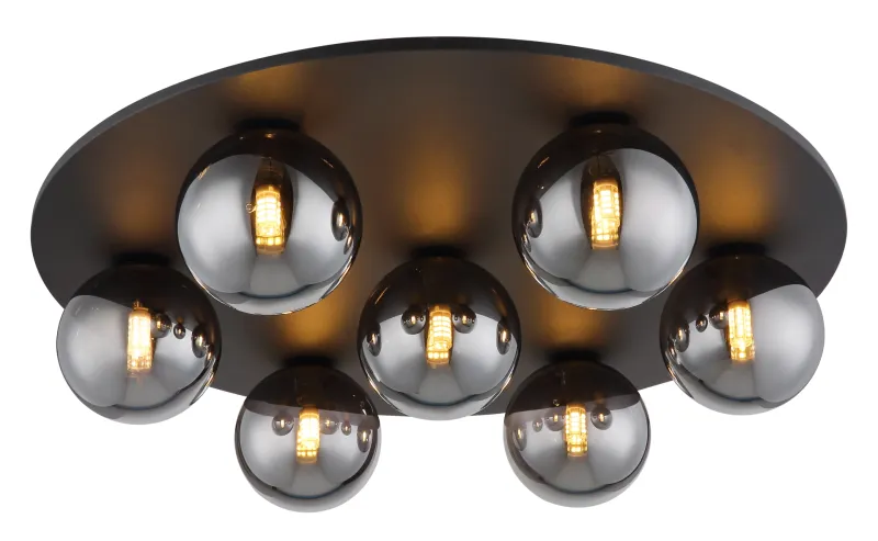 Riha Ø60 Couleur fumée plafonnier De Globo Lighting - Den mattsvarta metallen i kombination med 7st r&ouml;kf&auml;rgade glas ger ett sofistikerat uttryck och passar perfekt in i olika inredningsstilar.