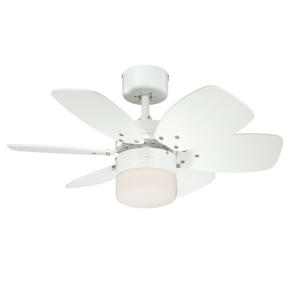 Flora Royale Ø76 Blanc De Westinghouse - Le ventilateur de plafond Flora Royale a une &eacute;l&eacute;gante finition blanche avec six pales r&eacute;versibles en finition blanche ou &eacute;rable clair et un abat-jour en verre opale pour l'&eacute;clairage.