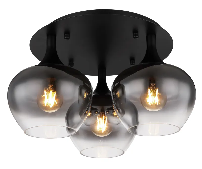 Maxy Ø45 Couleur fumée plafonnier De Globo Lighting - P&aring; en rund takplatta av matttsvart metall sitter tre vackert formade r&ouml;kf&auml;rgade glaskupor.