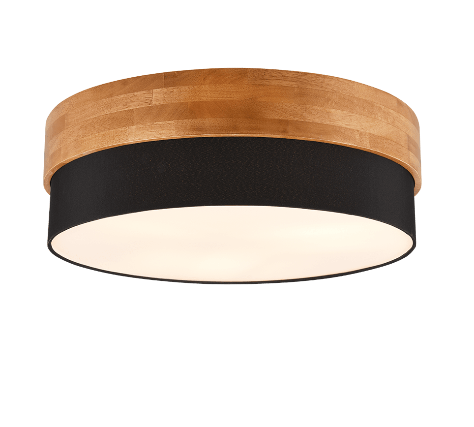 Seasons Ø50 Noir plafonnier De Trio Lighting - Associé à du bois clair, il crée une atmosphère élégante et confortable, idéale au-dessus d'une table à manger ou dans un salon.