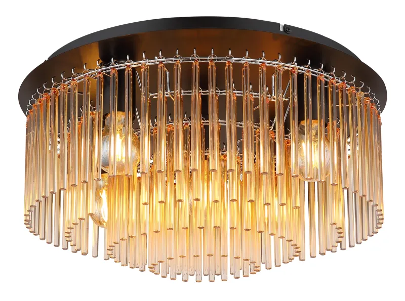 Gorley Ø50 Ambre plafonnier De Globo Lighting - Dess design imponerar med en stilfull kombination av mattsvart metall och dekorativa stavar i klart och amberf&auml;rgat glas.
