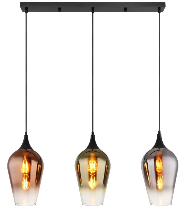 Lavus 83cm Noir suspension De Globo Lighting - Lavus &auml;r en elegant taklampa med tre dekorativa glaskupor i koppar-, guld- och kromfinish, vilket ger lampan en modern och stilfull karakt&auml;r.