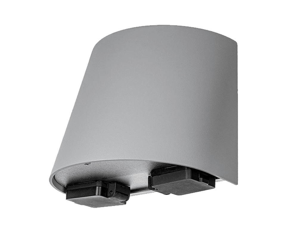 Mini m. uttag Gris lampe d’extérieur De Westal - Le panneau arrière est équipé de deux entrées et sorties et d'un bornier à connexion rapide à 4 broches.