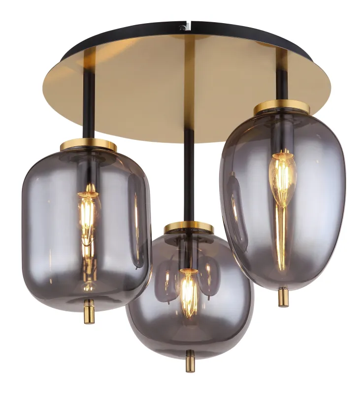 Blacky Ø46 Laiton plafonnier De Globo Lighting - Lampan &auml;r utrustad med 3st r&ouml;kf&auml;rgade glaskupor i olika former, som h&auml;nger fr&aring;n taket p&aring; mattsvarta st&auml;nger f&auml;sta vid en m&auml;ssingsf&auml;rgad bas.