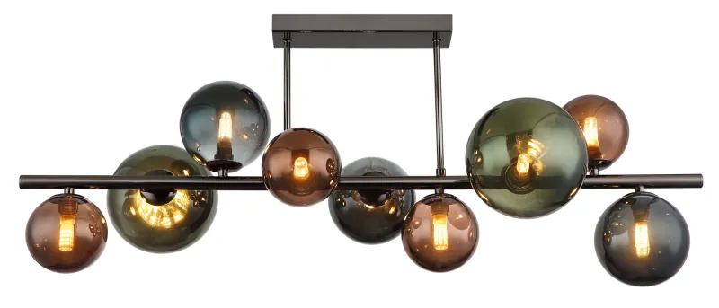 Riha 87cm Multicolore plafonnier De Globo Lighting - Glaskuporna i brons, gr&ouml;nt och petrol ger lampan en unik karakt&auml;r och eleganta f&auml;rginslag som kompletterar modern inredning.