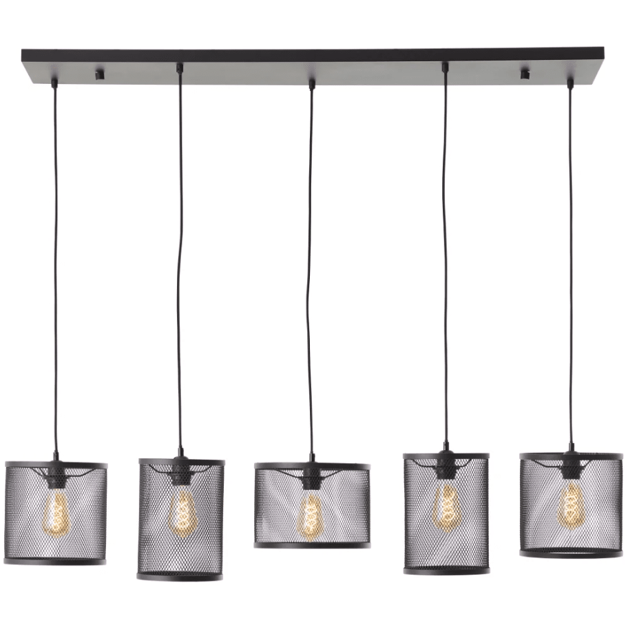 Maze 130cm Noir suspension De Brilliant - Ses cinq abat-jour en osier, d'une hauteur de 22 &agrave; 25 cm chacun, conf&egrave;rent &agrave; la pi&egrave;ce une touche industrielle.