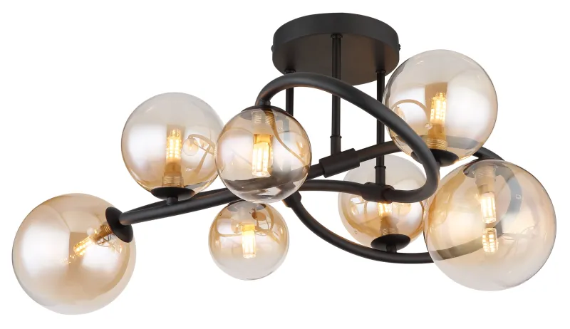 Tuberius Ø62 Ambre plafonnier De Globo Lighting - Lampan &auml;r tillverkad av mattsvart metall och &auml;r smyckad med 7st glas i en&nbsp;mjuk b&auml;rnstensf&auml;rgad ton, vilket skapar en st&auml;mningsfull ljusspridning.