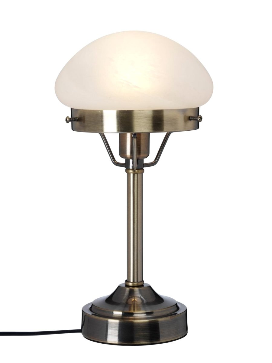 Mini Strindberg 30cm Laiton antique lampe de table De Cottex - Avec sa construction métallique robuste et son verre dépoli, il fournit une lumière douce et agréable, parfaite pour la table de chevet ou comme détail d'ameublement élégant dans le salon.