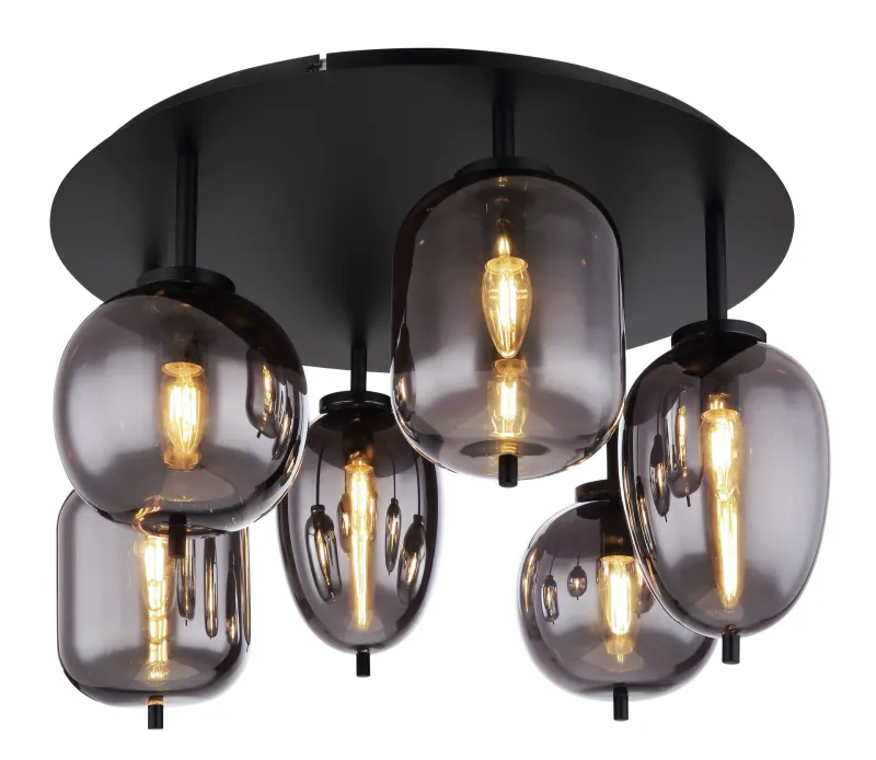 Blacky Ø63 Noir plafonnier De Globo Lighting - Lampan &auml;r utrustad med 6st r&ouml;kf&auml;rgade glaskupor i olika former, som h&auml;nger fr&aring;n taket p&aring; mattsvarta st&auml;nger f&auml;sta vid en matchande bas.