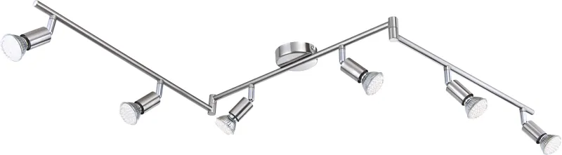 Matrix 6 Nickel spot De Globo Lighting - 6st spotlights &auml;r monterade l&auml;ngs konstruktionen och ger en kraftfull belysning med 1500 lumen och en varmvit ljusf&auml;rg p&aring; 3000K, vilket skapar en behaglig atmosf&auml;r.